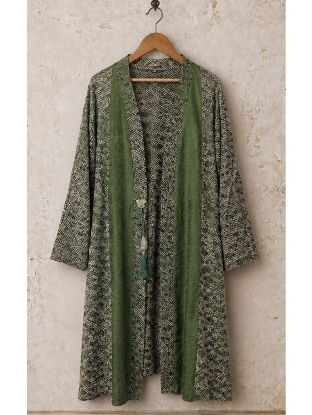 Anne Namba S M 100% Silk Kimono Duster Textured Geometric Japanese Green Vintage